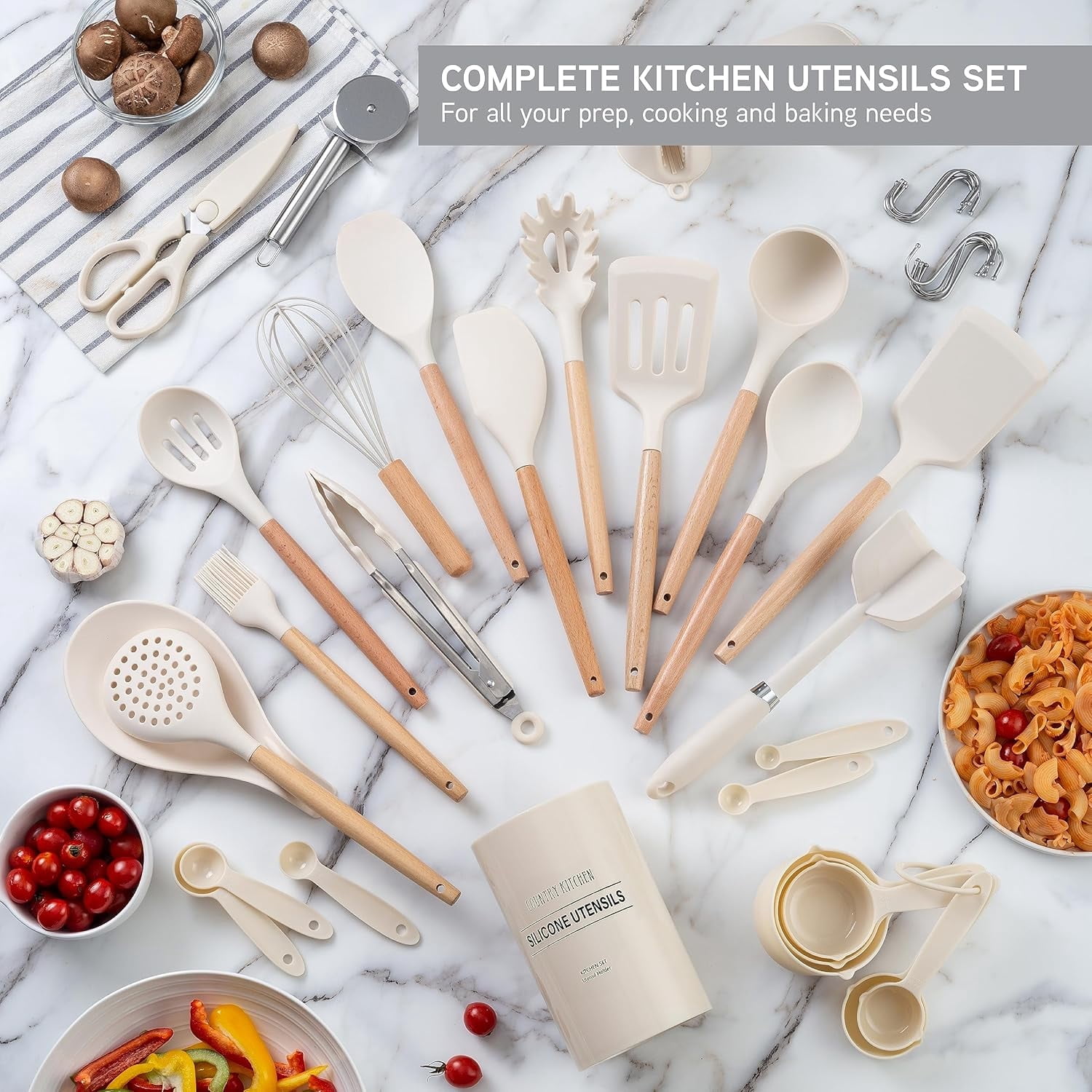 Country Kitchen 38-Pc Cooking Utensils Set Silicone Spatula & Kitchen Gadgets, Khaki