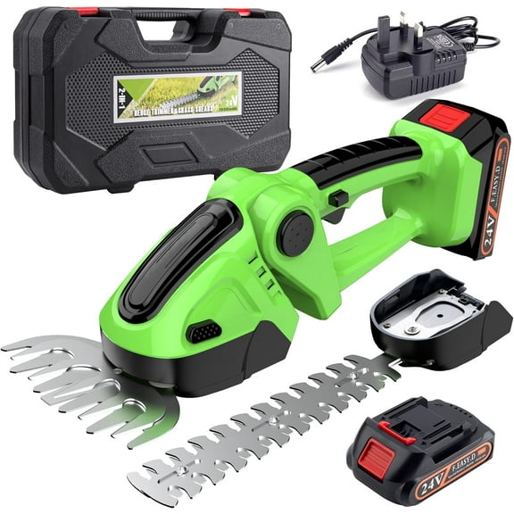 Cordless Hedge Trimmer, 2-in-1 Mini Hedge Trimmer Cordless & Grass Shears, 24V Battery Operated Shrubbery Trimmer Handheld Electric Grass Trimmer with 2 Rechargeable Batteries and Charger
