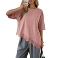 thumbnail image 2 of Asymmetrical Tunic Blouse for Women Summer Oversized Lace Trim T Shirts 2026 Casual Half Sleeve Hem Tops Loose Crewneck Pink M, 2 of 7