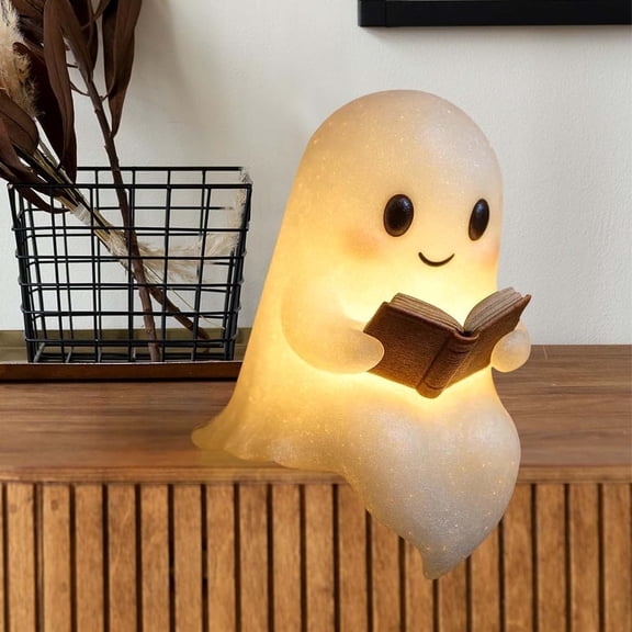 Halloween Decorations Indoor,Halloween Lamp,Halloween Ghost Reading Book Lamp, Funny Ghost Figurine Statue, Halloween Decoration for Gift Props Tabletop Bookshelf(white M 6*4IN)