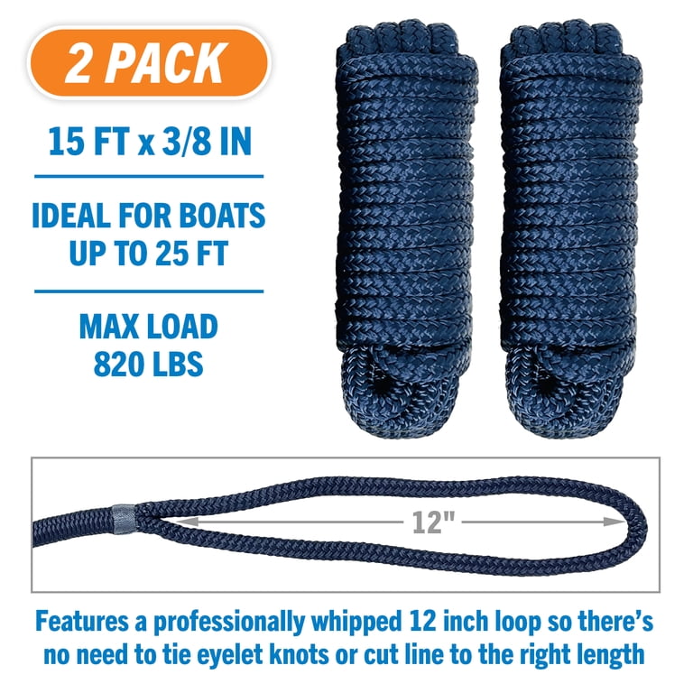 4-Pack 3/8" X 15 FT Double Braid Nylon Dock Line Rope – Mooring Anchor Line By Amarine Made