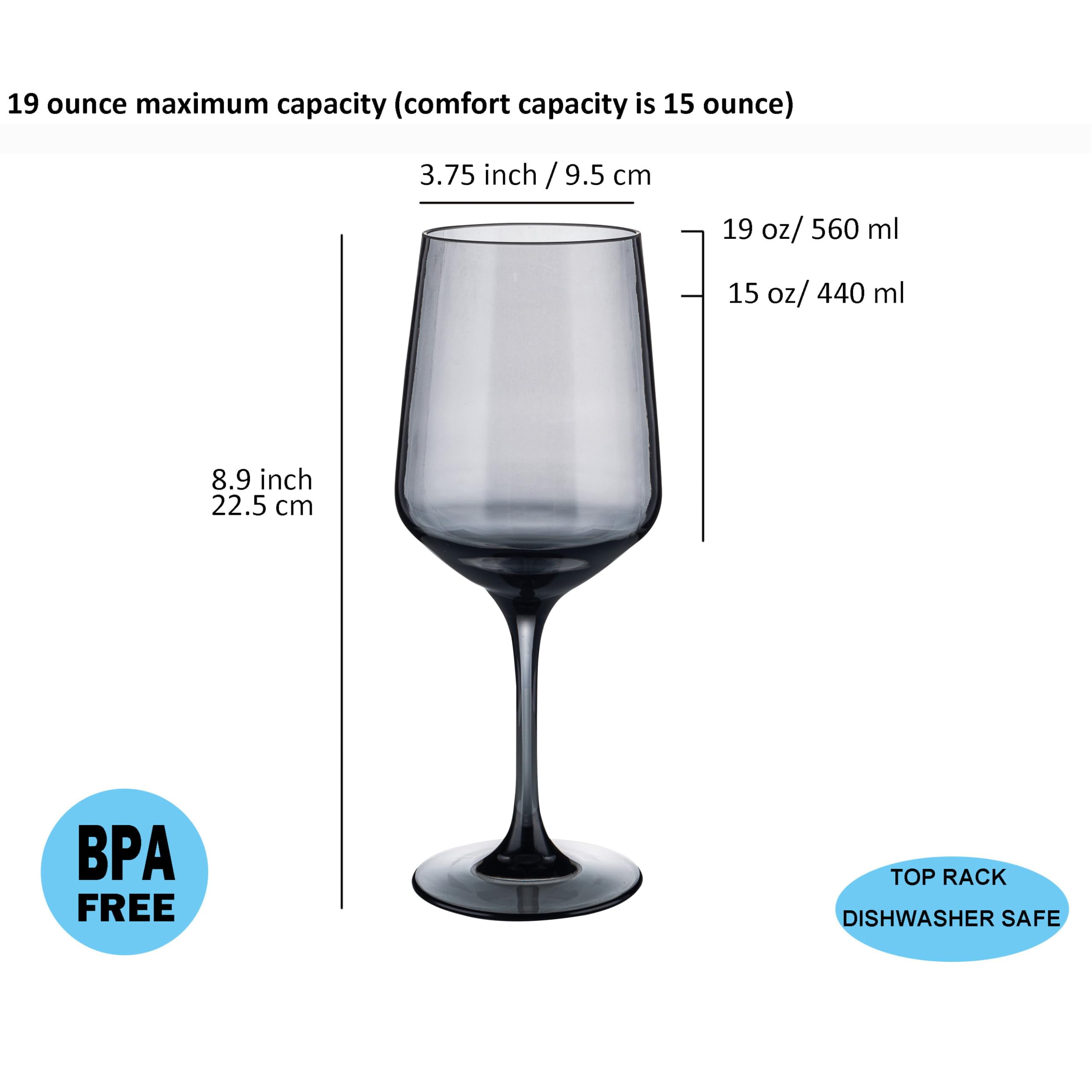 Zainca Unbreakable Classic 18 ounce All-Purpose Plastic Stem Wine Glasses Acrylic Glasses, Set of 6 Grey