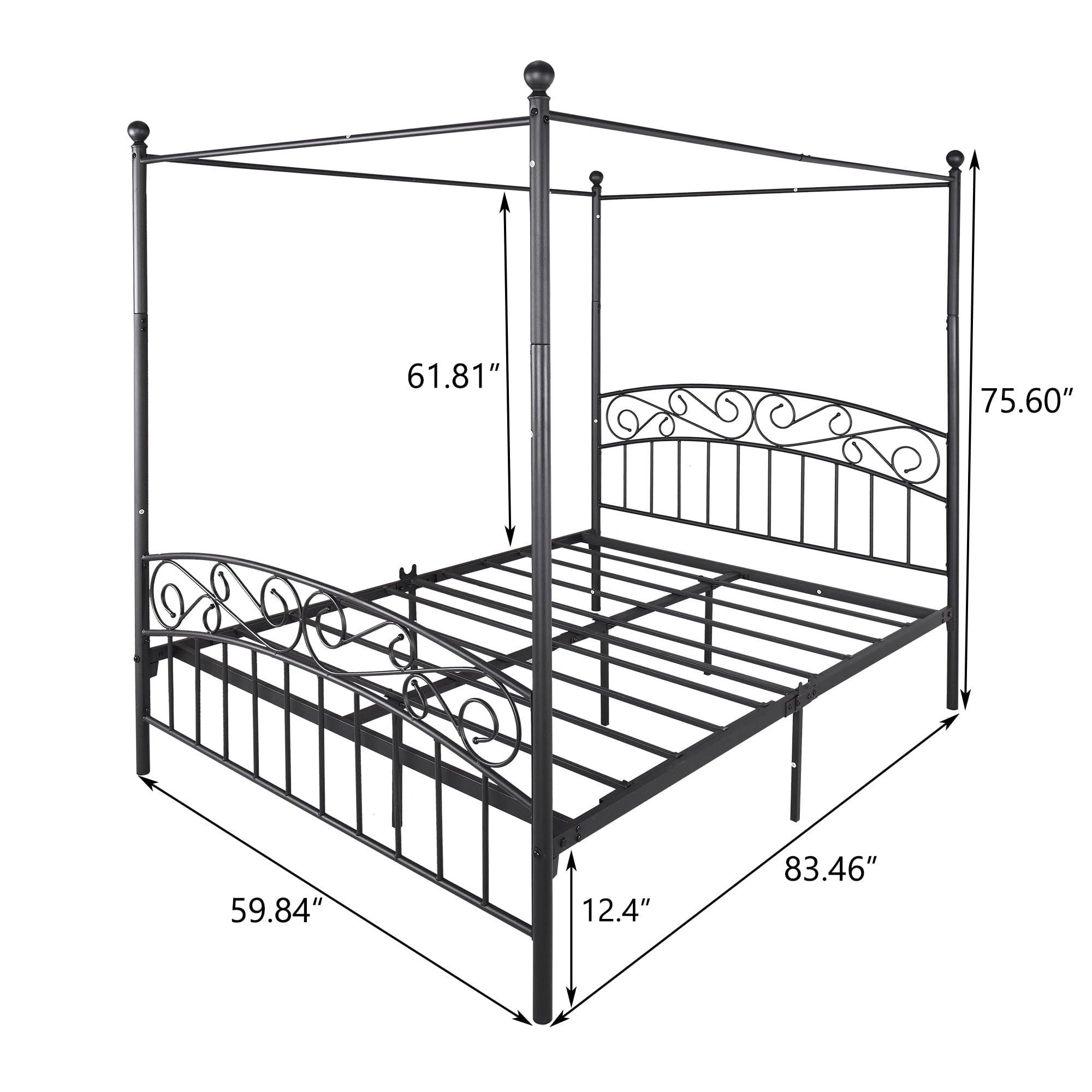 Aukfa Queen Canopy Bed Frame, Four-Poster Metal Platform Bed with Headboard and Footboard - Black