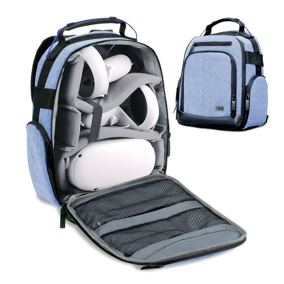 USA GEAR VR Headset Case - Virtual Reality Backpack with Customizable Interior Compartments Compatible with VR Gaming Headset, Controllers, and More Virtual Reality Gaming Accessories - Blue