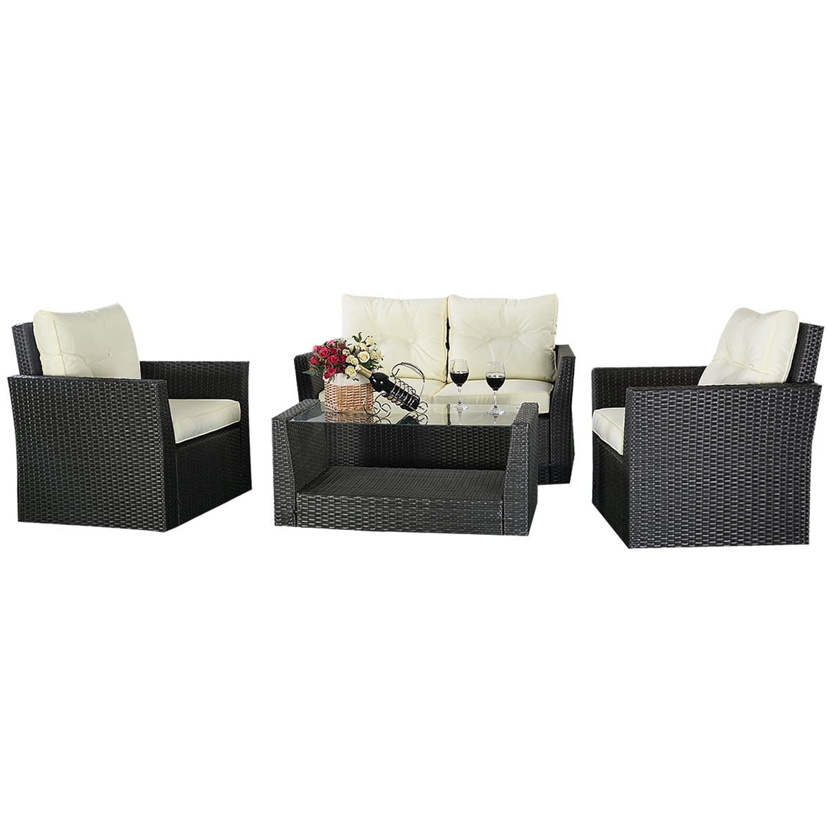 Costway 4pc Rattan Sofa Furniture Set Patio Garden Lawn Cushioned Seat Black Wicker... by Costway