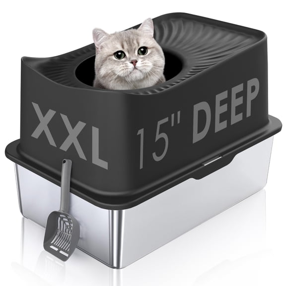 Top Entry Cat Litter Box with Lid, Extra Large Stainless Steel Kitty Litter Box for Big Cats, Easy Cleaning, Never Absorbs Odor, Stains, XL Metal Litter Pan Tray with High Wall Sides Enclosure, Black