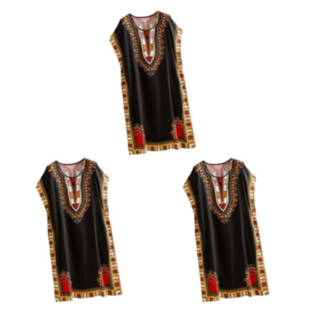 maskred Femmes de la Mode Plage Vacances Robe Boho Ethnique Élégante Robe en Vrac Noir 3Set