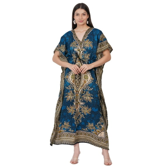 Women's Kaftan Dress Beach Cover Up Tribal Ethnic Print Plus Size Loose Kimono Maxi Dress - Color Torqoise