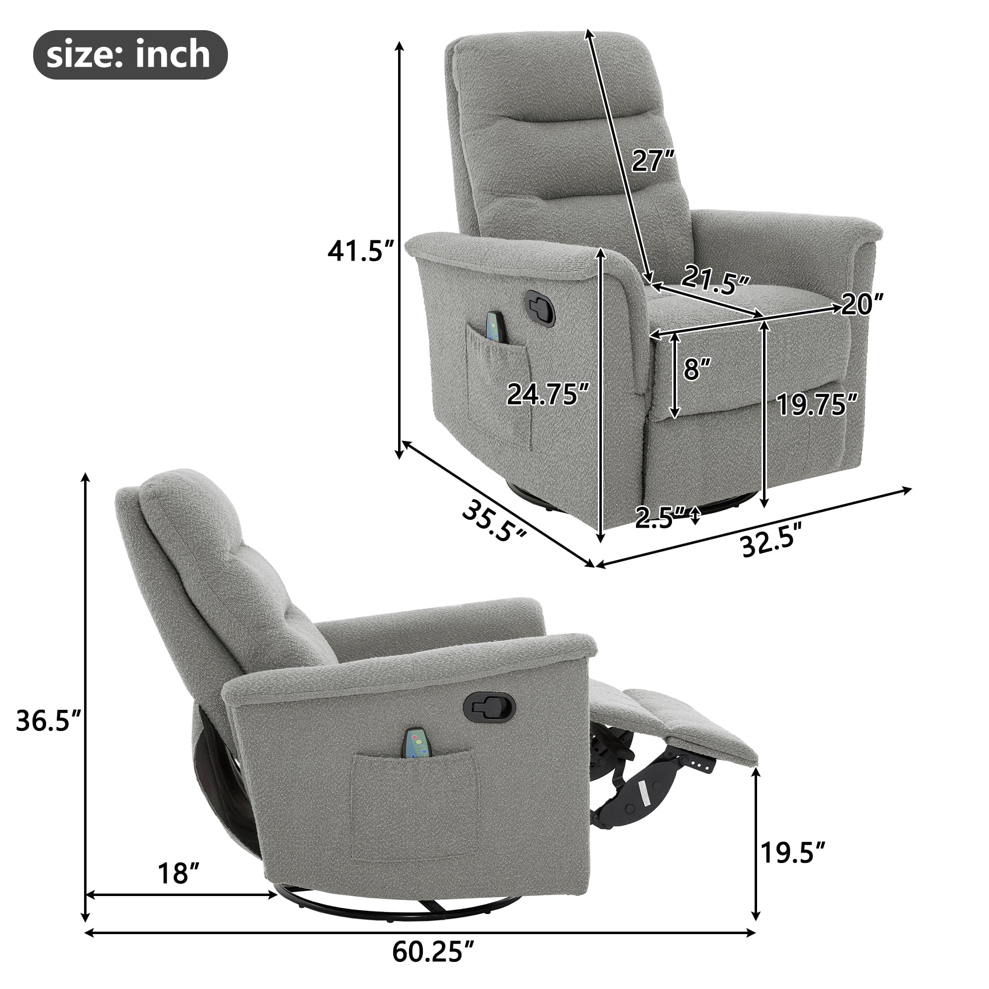 Euroco Manual Recliner Chair, 270° Swivel Rocker Chair with 8-Point Massage Function and Adjustable Backrest,Nursery Rocking Recliner for Living Room, Bedroom and Nursery,Grey