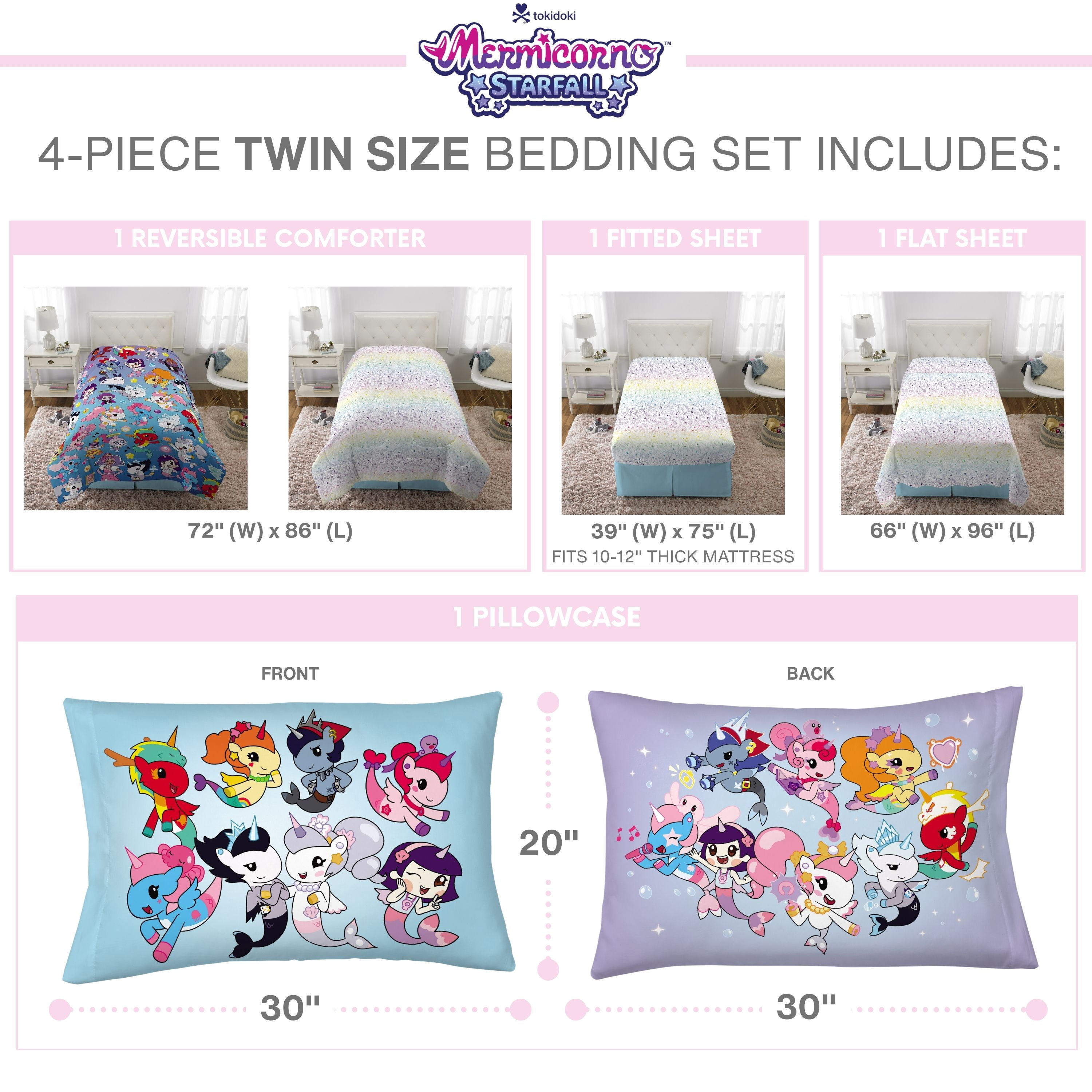 Mermicorno Starfall Kids 4 Piece Blue Reversible Comforter, Pillowcase, and Sheet Set, Twin
