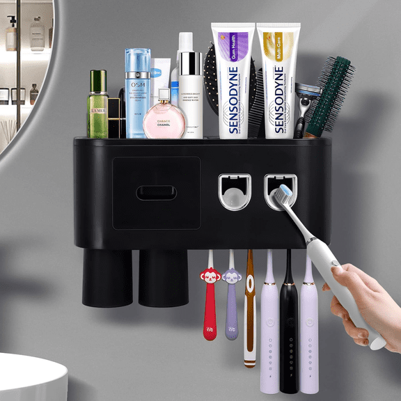 Space Saving Wall Mounted Toothbrush Holder with Automatic Toothpaste Dispenser – 2 Cups & Drawers, Multifunctional Bathroom Organizer for Toothbrush and Cosmetic Storage