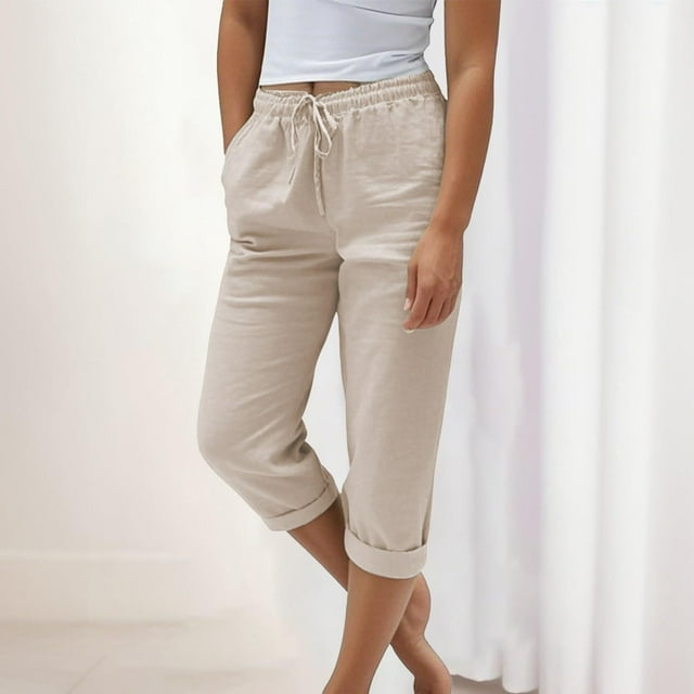 Soki Womens Capri Casual Loose Linen Elastic Wasit Cotton Linen Pants Trousers