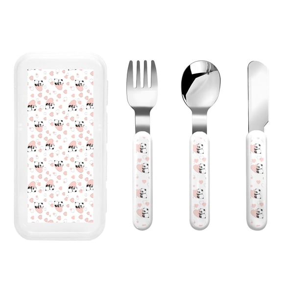 Honeii Heart Panda Print Children's Knife, Fork And Spoon Set,Reusable Utensils Set with Case,Travel Cutlery Set,for Kids Adults Camping