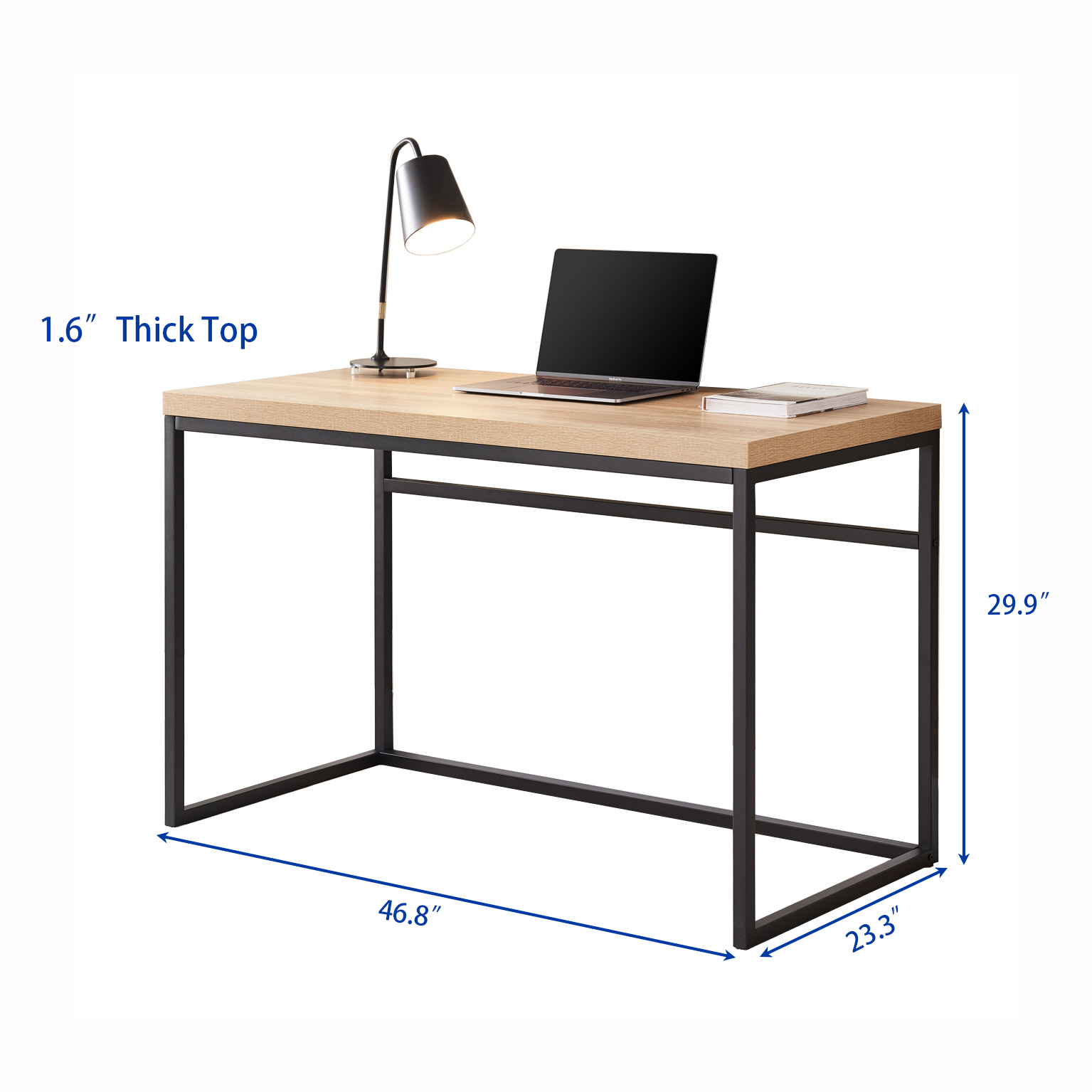 CENSI 47" Computer Desk, Modern Industrial Writing Table with 1.6" Thick Wood Top, Sturdy Metal Frame Home Office Workstation for Study, Bedroom & Living Room, Natural Oak