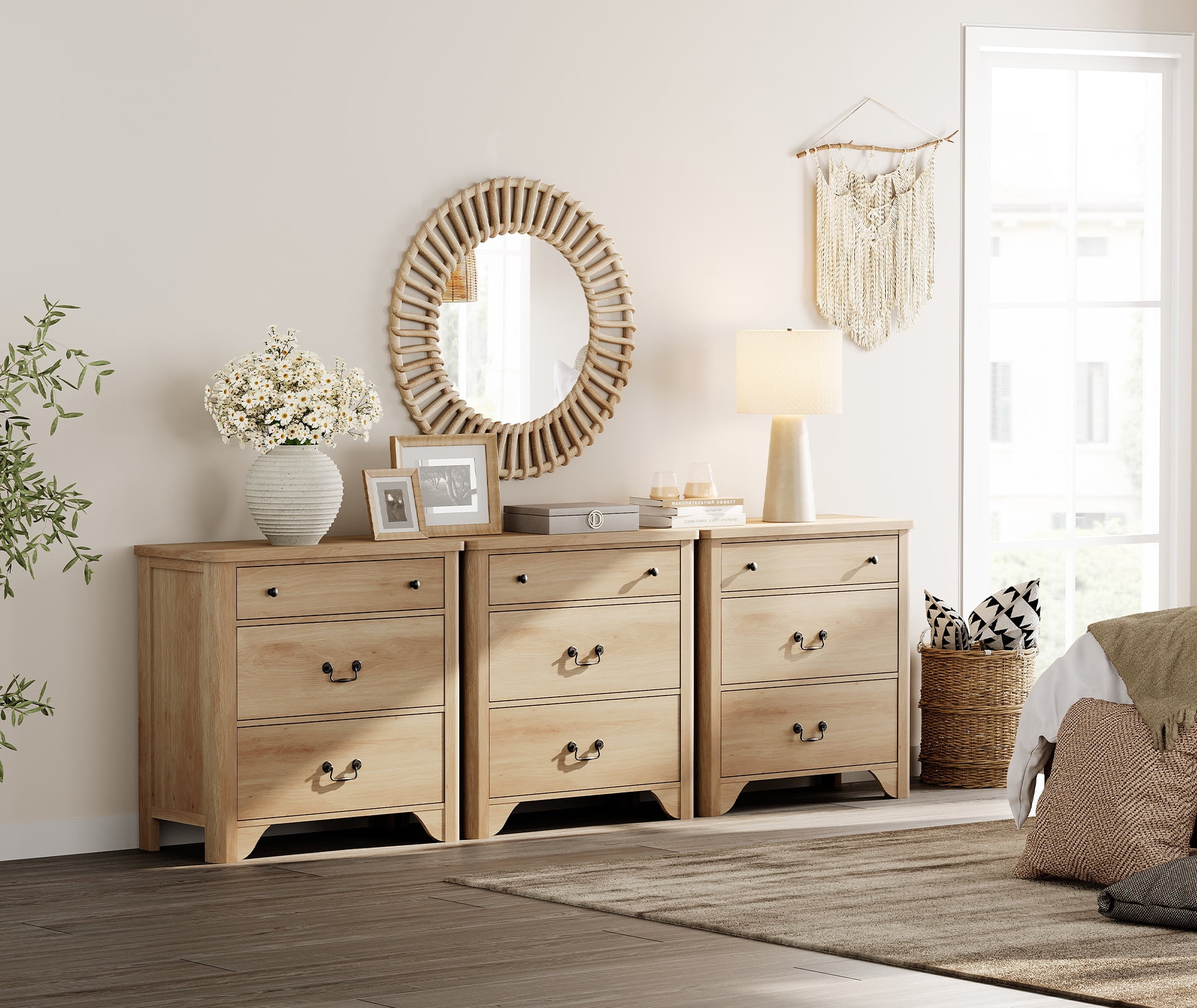 WAMPAT 3 Drawer Dresser Set of 3 for Bedroom,Oak Dresser Closet Dressers Chest of Drawers for Living Room, Entryway and Hallway