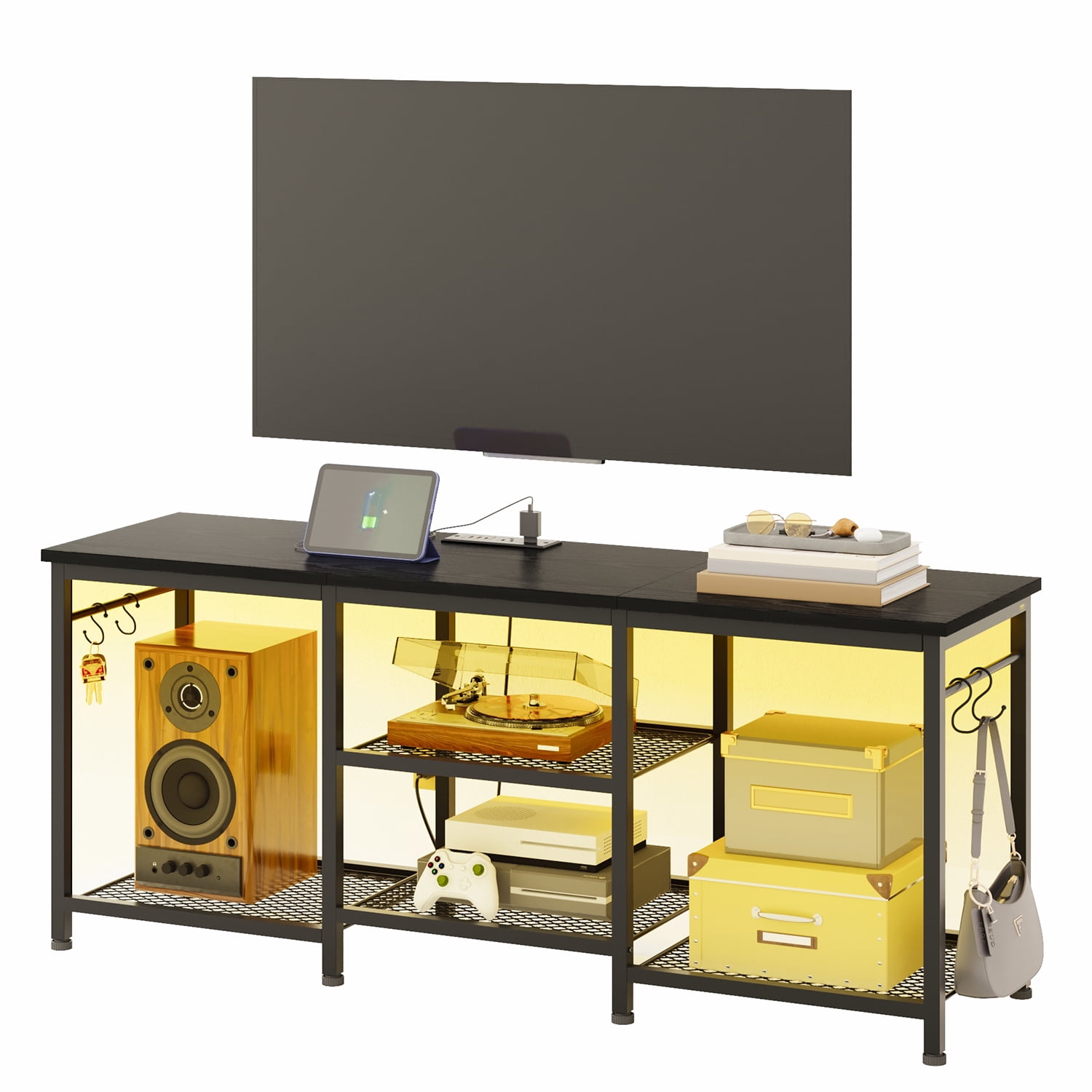 Tomnk TV Stand for 55 Inch TVs, Entertainment Center with Charging Station and Lights, Open Storage Shelves with Sound Rack, Media Console for Living Room and Bedroom, Black