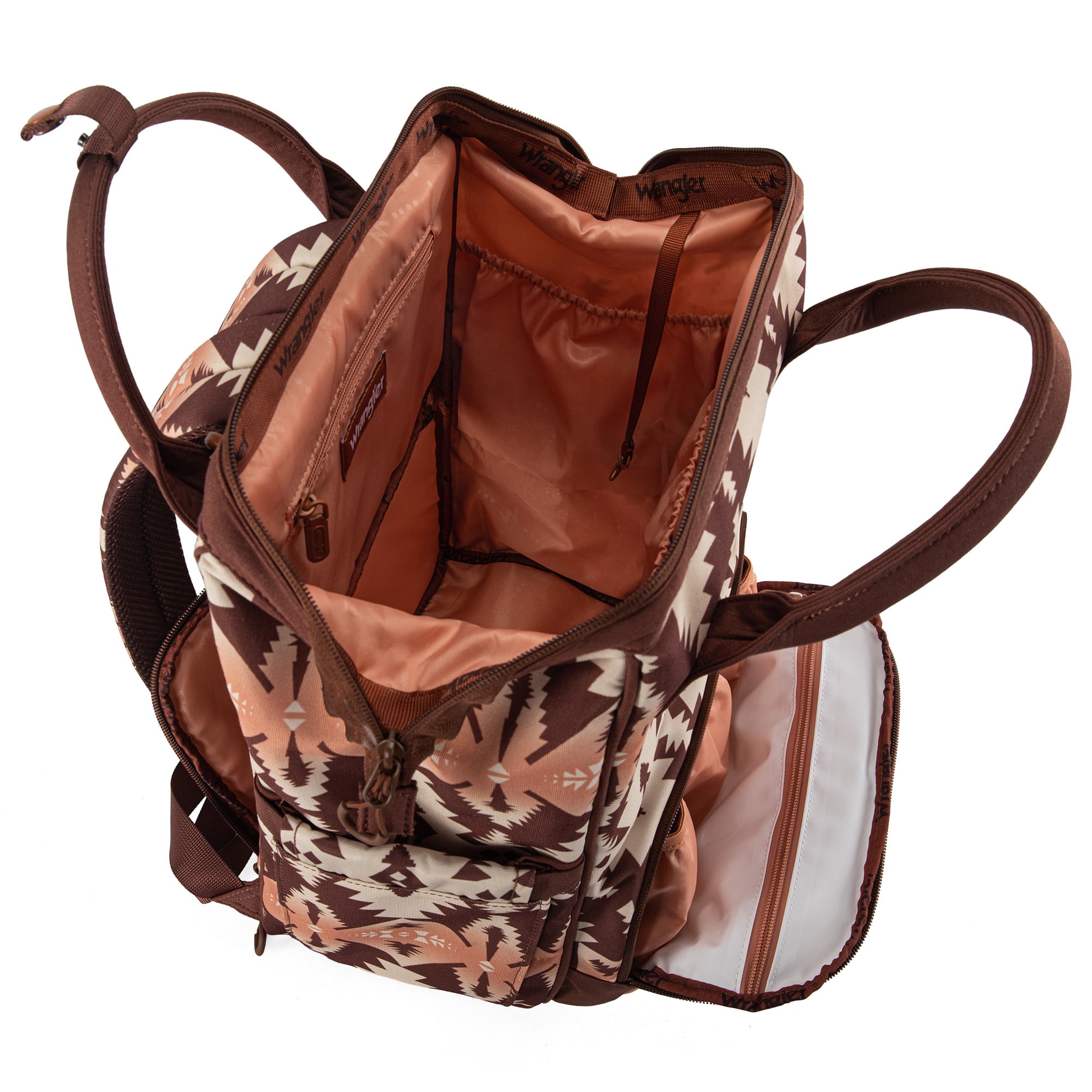 Wrangler Aztec Travel Backpack Baby Bag for Women with Stroller Strap and Side Bottle Pockets Organized Diaper Bag, Brown