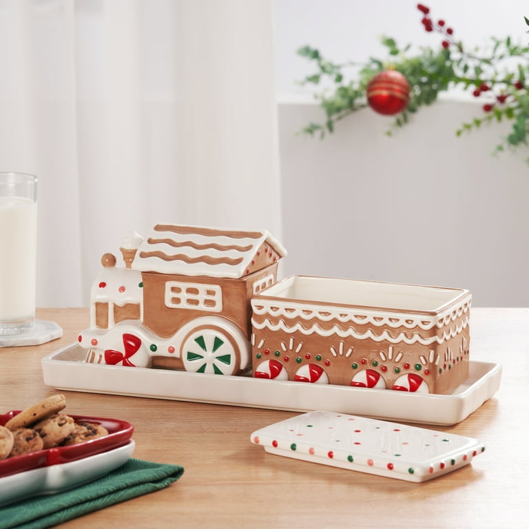 Holiday Time Ceramic Train Treat Jars with Base, Set of 2