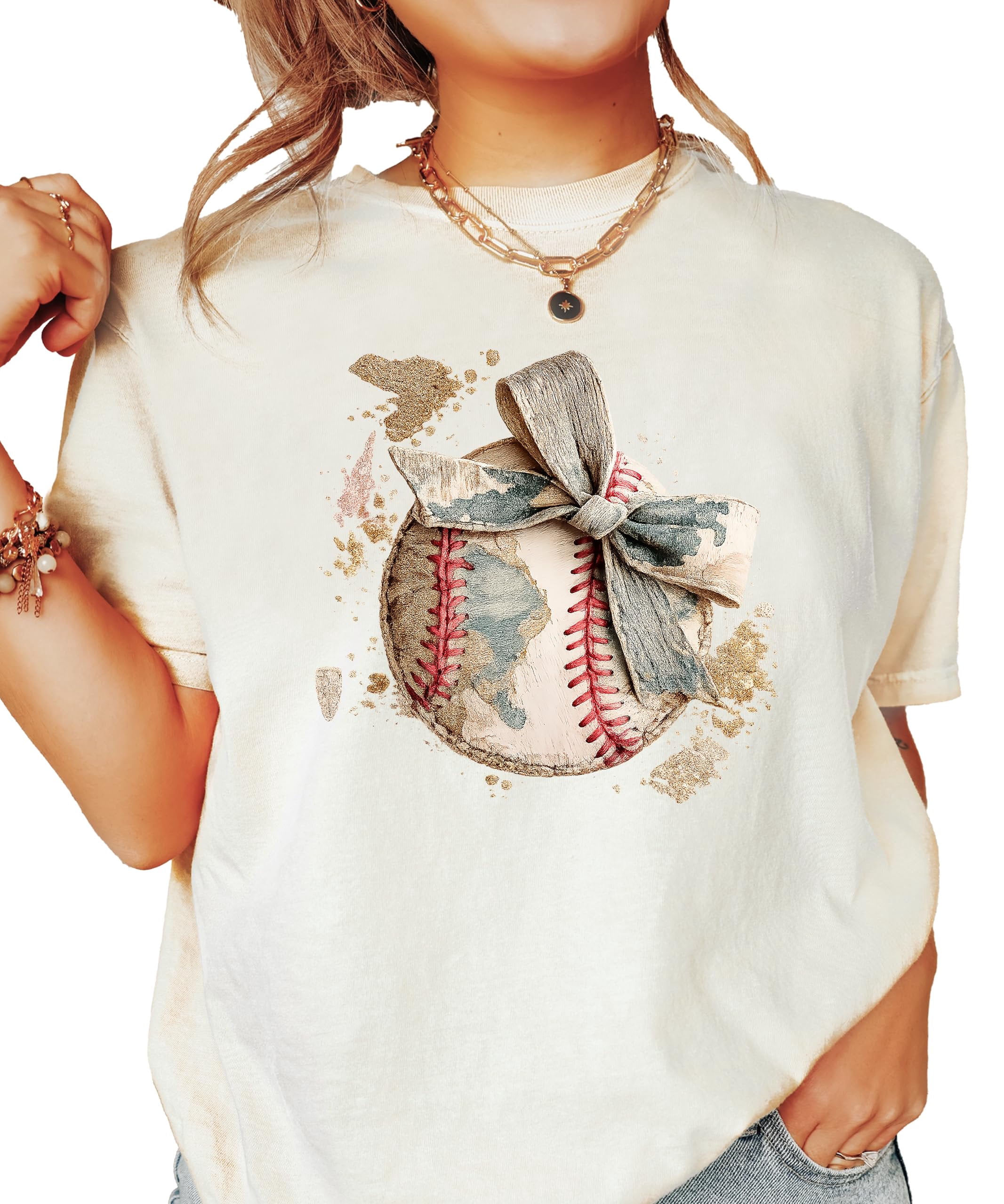Cute Baseball Bow Shirt for Women - Coquette Game Day Tee - Trendy Sports Mom T-Shirt Ivory Shirt Adult Small
