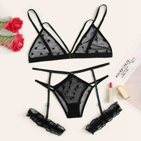 

QWANG New Women Plus Size Lace Lingerie Bra+Thong Underwear Set Black Sleepwear