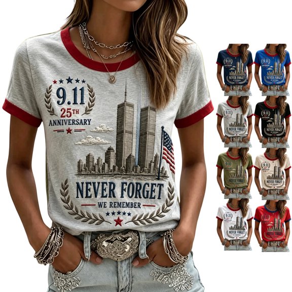 911 We Will Never Forget Tshirts Shirts for Women 9/11 25th Anniversary Shirt Patriotic American Flag Memorial Day Faith Tee Gray XXXL
