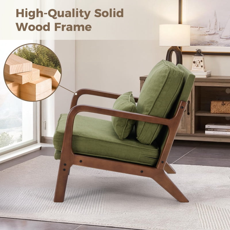 Simple Deluxe Accent Chair with Arms and Waist Pillow, Mid Century Modern Lounge Chair with Solid Wood Frame for Living Room, Bedroom, Green