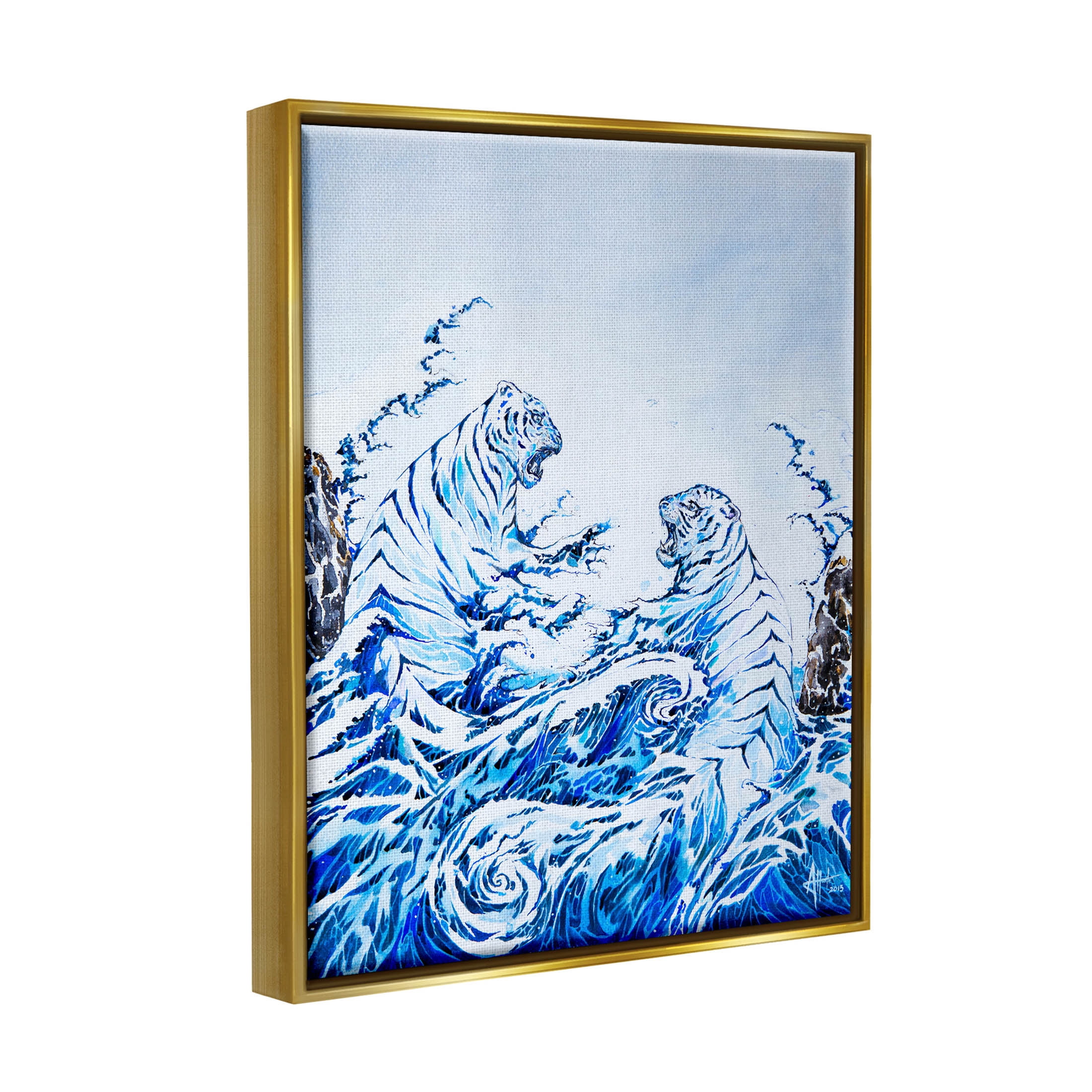 Dueling Tigers Ocean Waves Animals & Insects Painting Metallic Gold Framed Art Print Wall Art