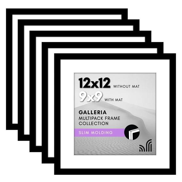 Americanflat 12x12 Picture Frame with Polished Plexiglass - Set of 5 - Use as 9x9 Frame with Mat or 12x12 Frame Without Mat - Gal