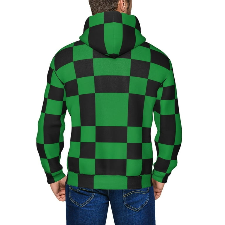 Hoodies for Men Black green checkered Long Sleeve Zip Up Hoodie Men Full Zip Hoodie Sweatshirt Pullover with Pockets Fall Winter Casual Tops
