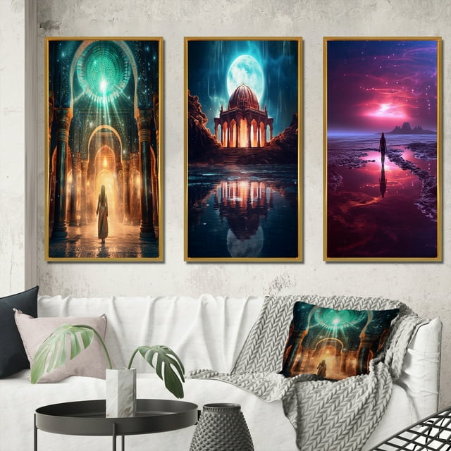 Designart "Revelation of Ancient Atlantis Mystery of Light" Abstract Landscape Framed Wall Art Set Of 3 - Gold Abstract Landscapes Frame Gallery Wall Set For Home Decor
