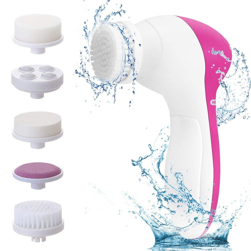 Seenda Facial Cleansing Brush, Ｗaterproof Face Spin Brush Set with 5 Brush Heads, Exfoliating Face Brush for Gentle Exfoliation, Deep Scrubbing and Massaging