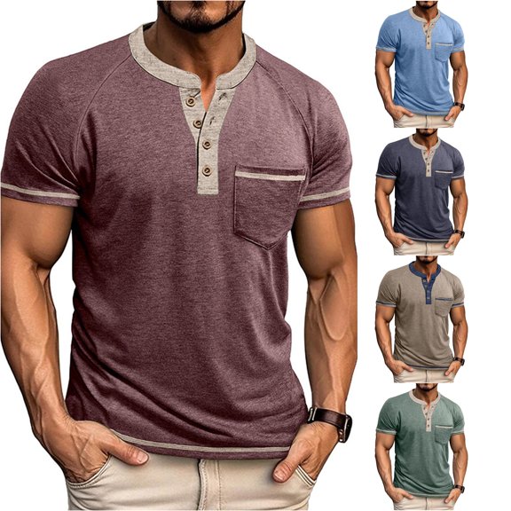 Zylarhe Mens Tshirt, Color Blocked Button Open Neck Pocket Men Casual Loose Comfortable Solid Round Short Sleeved T Shirt Red S
