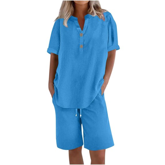 WULMLEO Women Linen Set 2 Piece Summer Outfits Plus Size Short Sleeve Shirt and Bermuda Shorts Lounge Set Casual Matching Set Sky Blue XL