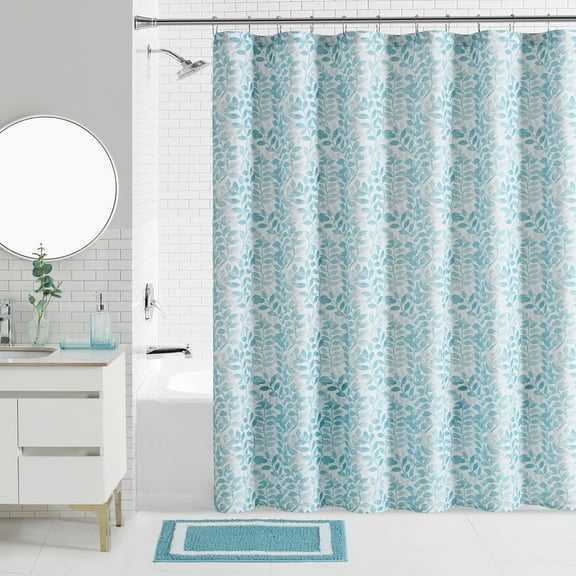 Mainstays Blue Leaves 16-Piece Bathroom Set with Shower Curtain, Hooks & Accessories – 70" x 72"