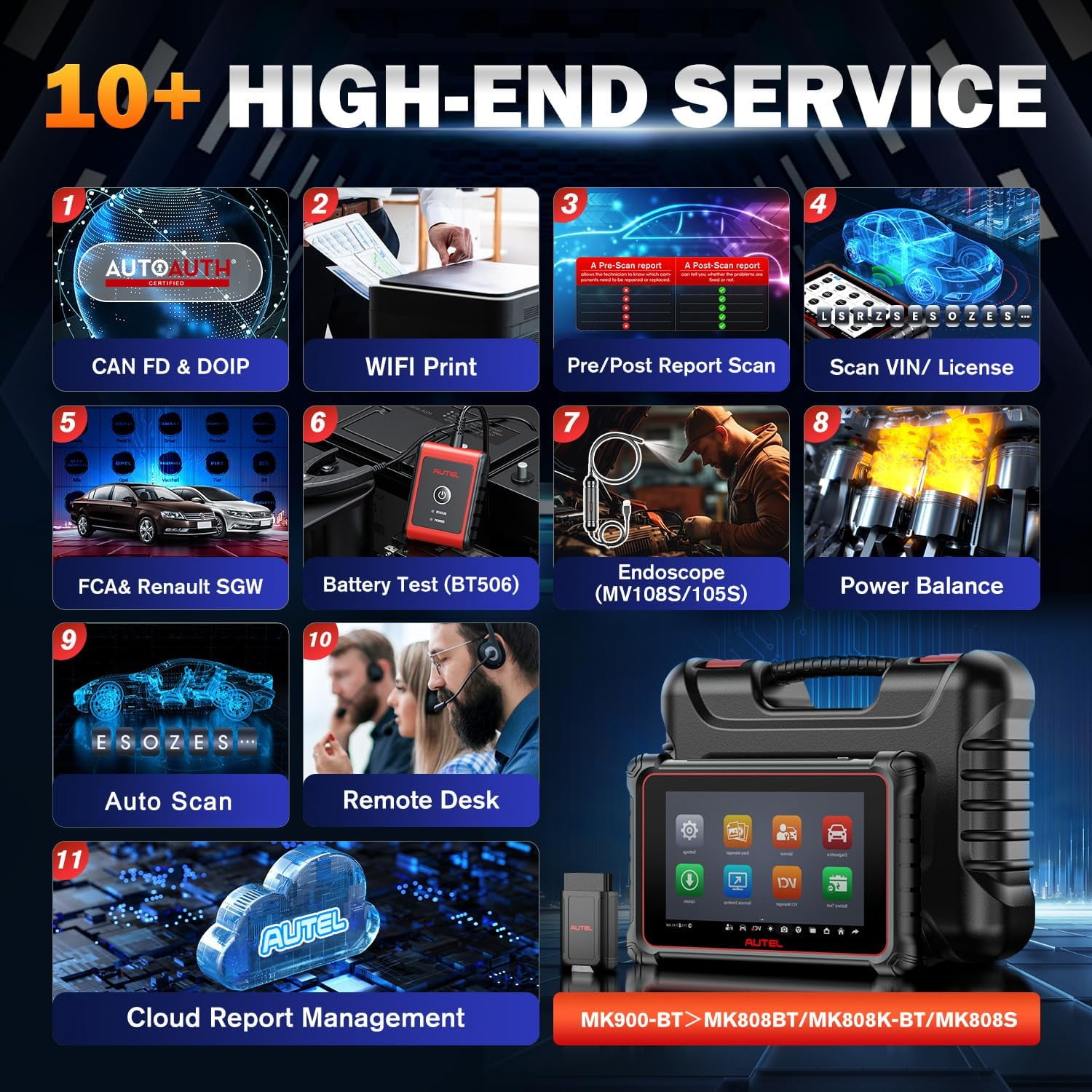 Autel  Scanner MaxiCOM MK900BT, 2026 MK900-BT V2.0 Bidirectional Vehicle Diagnostic Tool, 8in up of MK900 MX900 MK808S MK808BT , 3000+ Active Tests, 40+ Service, CAN-FD&DOIP