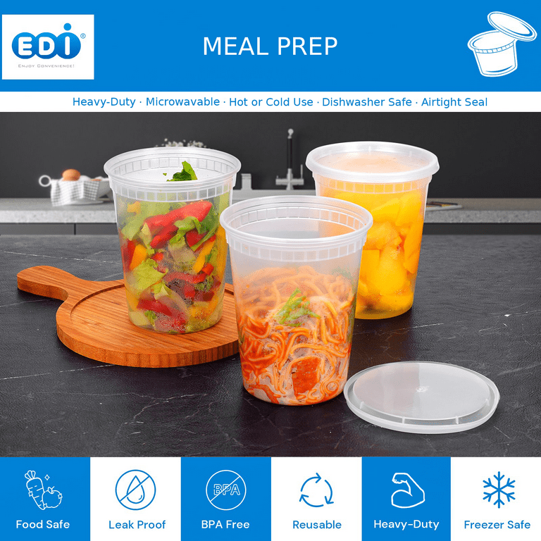 Edi [32 oz, 20 Sets] Plastic Deli Food Storage Containers with Airtight Lids | Microwave-, Freezer-, Dishwasher-Safe | BPA Free | Heavy-Duty | Meal
