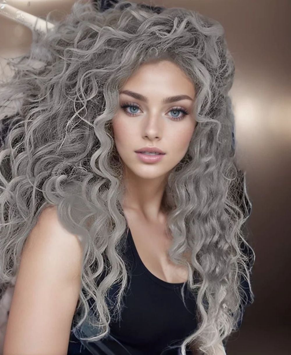 28 inch Long Grey Wigs for Women Water Wavy Hairstyle Curly Wig in Synthetic Fiber