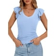 thumbnail image 2 of Womens Summer V Neck Ruffle Sleeveless Slim Fit T-Shirts Light Blue L, 2 of 7