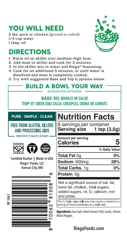 Riega Hatch Green Chili Bowl Original Seasoning Mix, 8 Packets