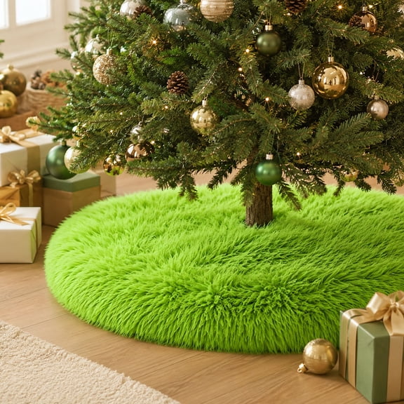 MinHoues Bright Green Faux Fur Christmas Tree Skirt, Shaggy Plush Round Xmas Tree Base Cover, Side‑Split Festive Tree Skirt for Holiday Home Xmas Decor ( XS )