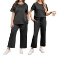 thumbnail image 6 of Feancey 2 Piece Sets for Women Going Out Travel 2025 Summer Side Slit Tops and Loose Pants Lounge Set Solid Color Casual Two Piece Outfits with PocketsBlack XL, 6 of 10