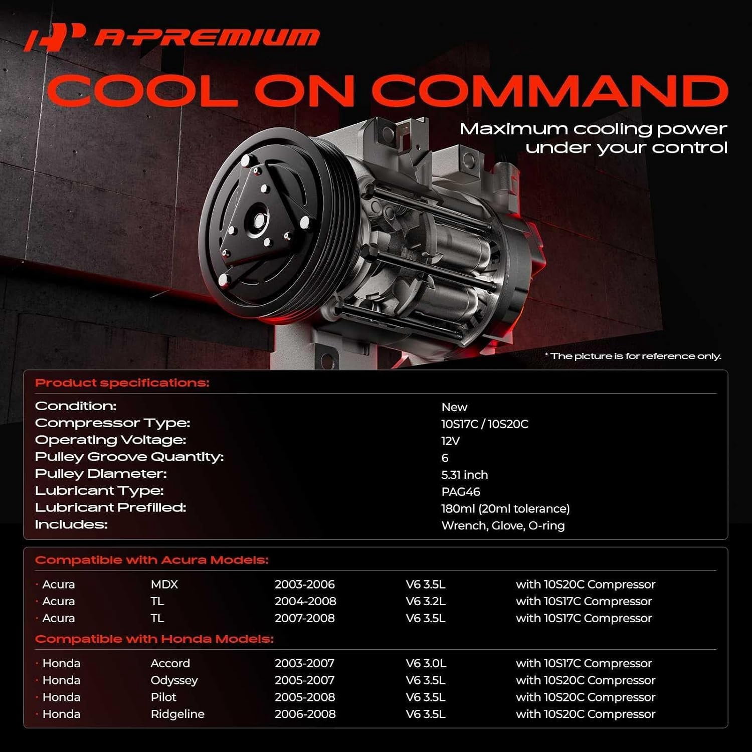 A-Premium A/C Compressor with Clutch Compatible with Honda Accord 2003-2007, Odyssey 2005-2007, Pilot 2005-2008, Ridgeline & Acura MDX TL, 3.0L 3.2L 3.5L