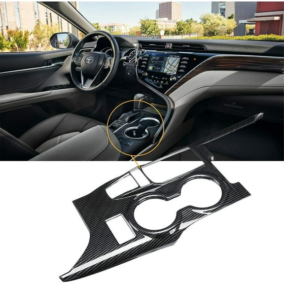 Xotic Tech Carbon Fiber Black ABS Gear Shift Panel Console Water Cup Holder Cover Trim, Compatible with Toyota Camry XLE/XSE 2018 2019 2020 2021 2022 2023 2024 with Seat Heater Buttons