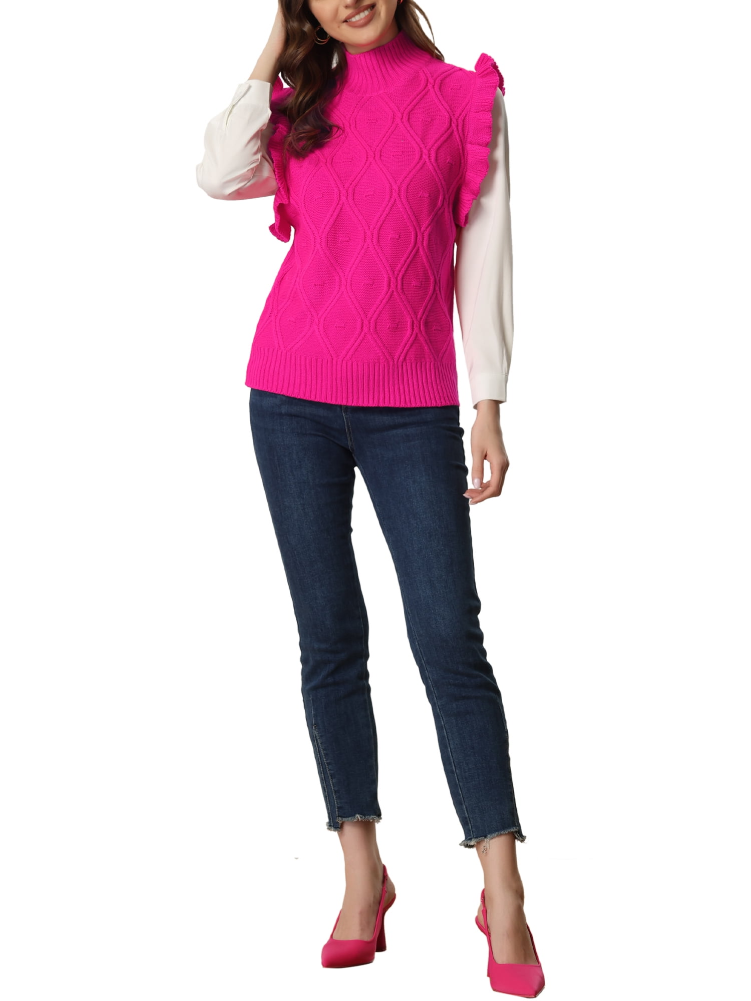 Unique Bargains Women's Ruffle Sleeve Solid Mock Neck Cable Knit Pullover Sweater