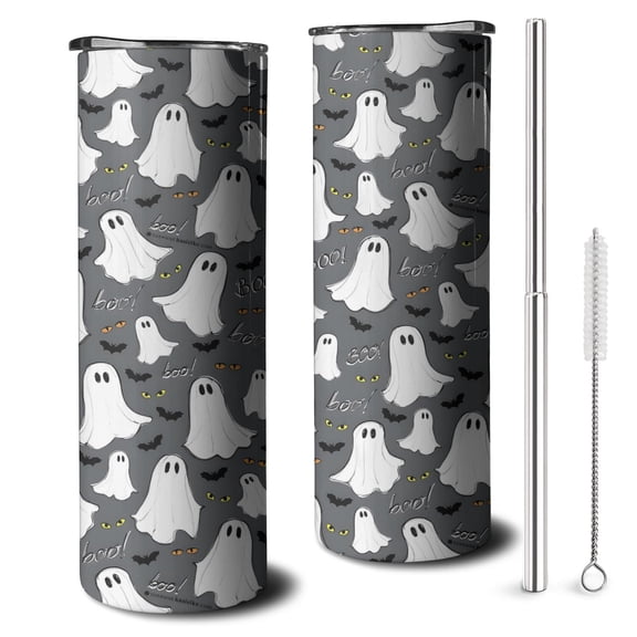Spooky Halloween Night 20oz Skinny Tumbler - Pumpkin Black Cat Artwork Stainless Steel Mug