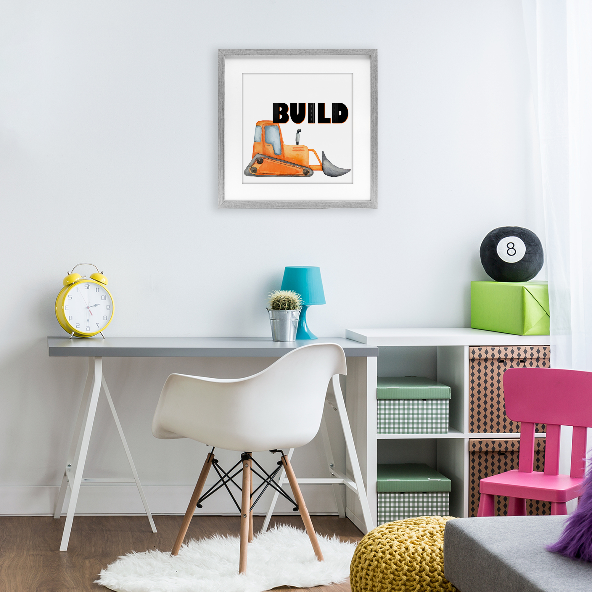 Build with Orange Bulldozer Gray Framed Print Under Glass, design by Kim Allen