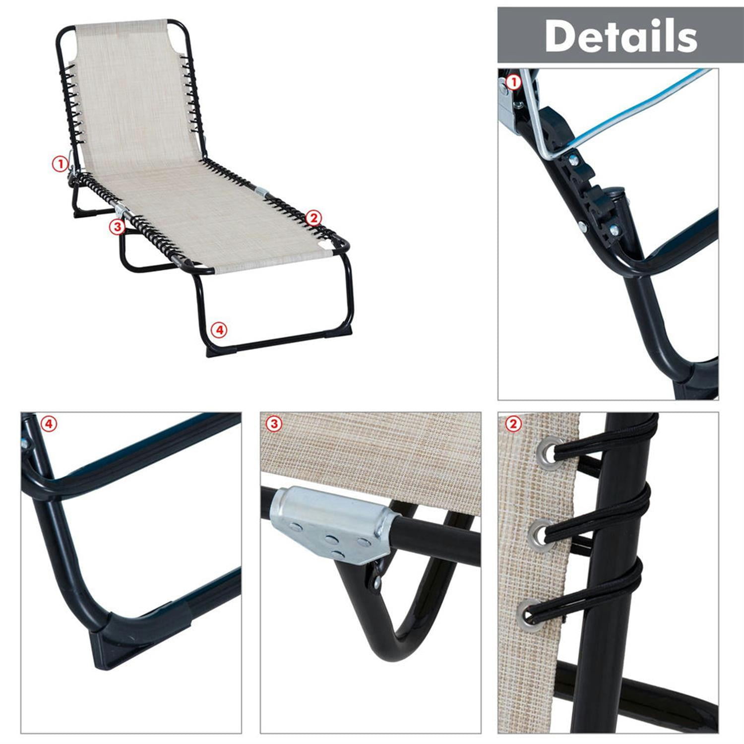 Demi Bonn Outdoor Folding Chaise Lounge with 4-Position Reclining, Mesh Seat & Bungee Back for Beach, Yard, Patio, Beige