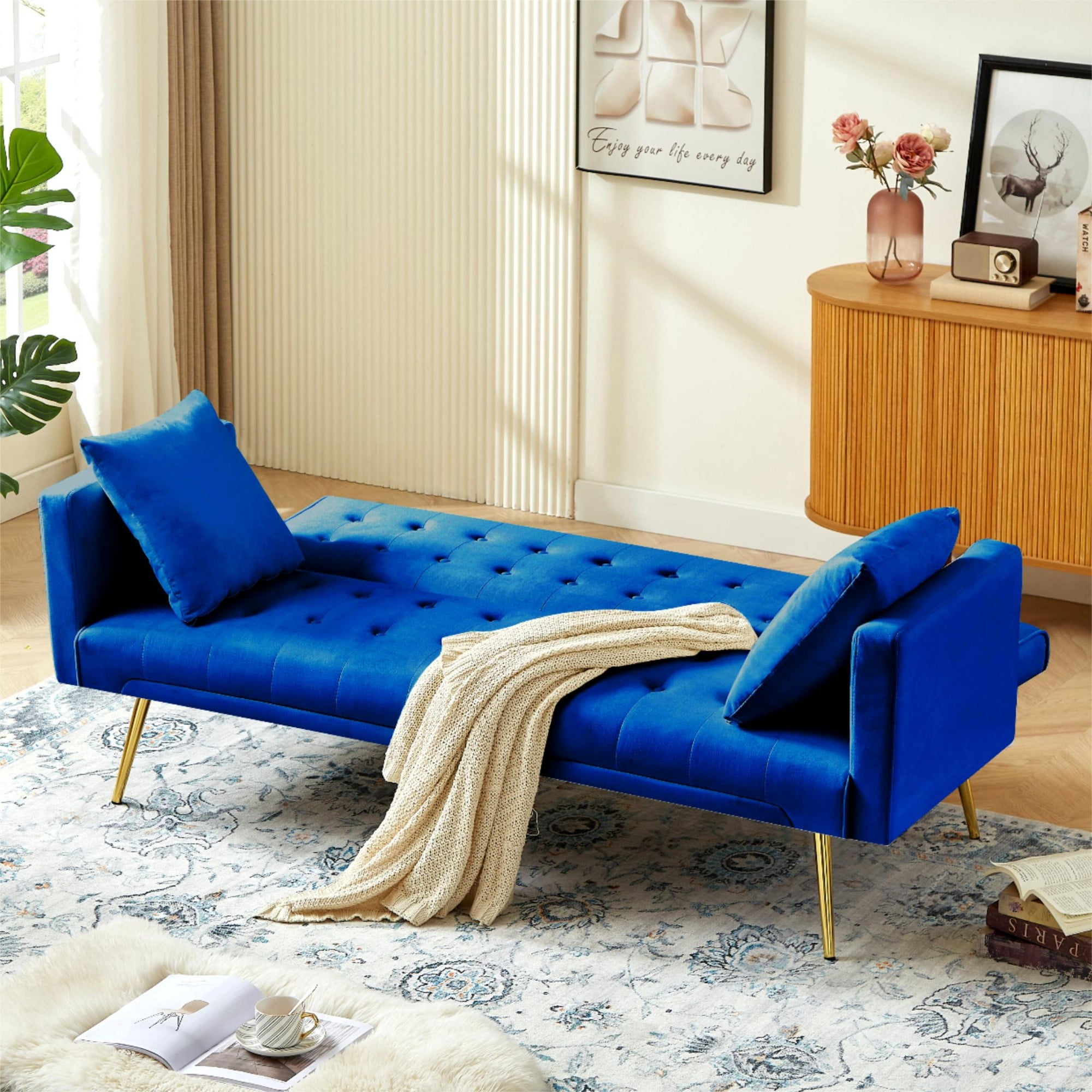 Leumius Velvet Futon Sofa Bed,Adjustable Convertible Folding Sleeper Couch Bed for Compact Living Spaces,Blue 02
