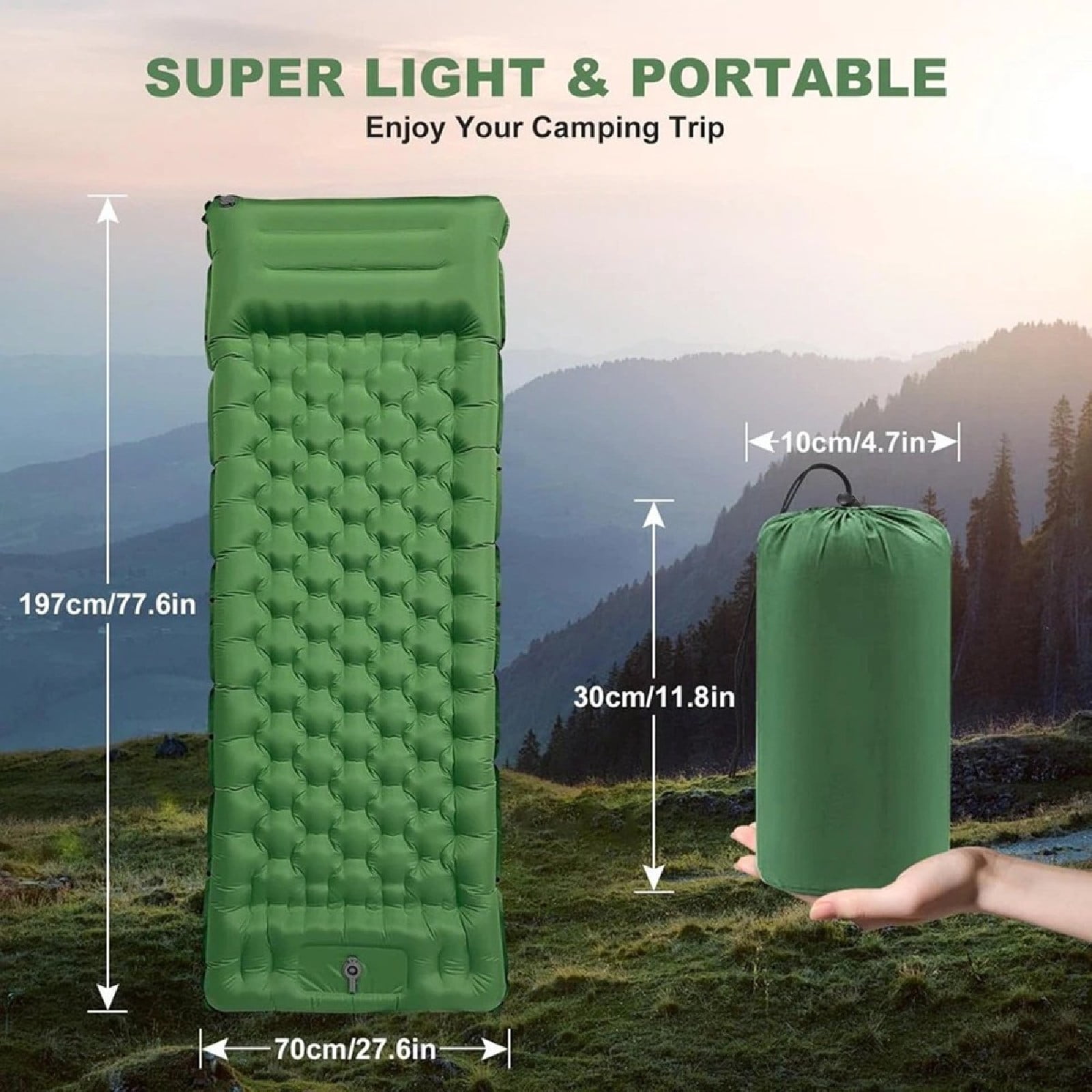 JOVELL Inflatable Sleeping Pad with Built-in Foot Pump & Pillow, 4.7" Thick Waterproof Camping Air Mattress, Self Inflating Sleep Pad for Backpacking, Hiking, Tent, Green