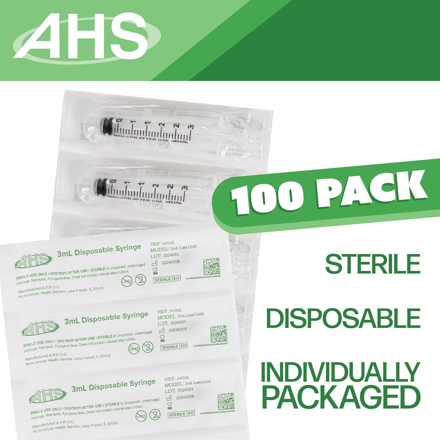 3mL Luer Lock Syringe (100 Pack), Sterile, Individually Wrapped, Syringes for Liquid, Scientific Labs, Feeding Syringes for Pets, Measurement, Medicine, Dispensing, & Oral, Clear